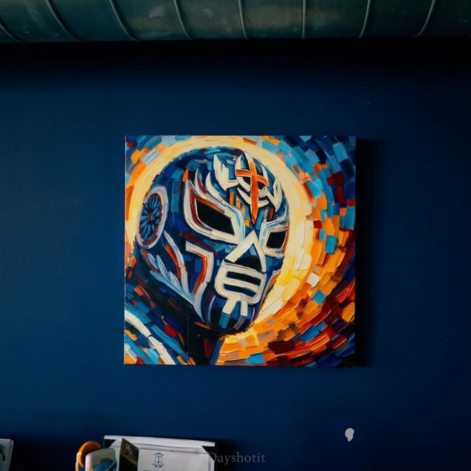 Colorful abstract artwork of a masked luchador mounted on a dark blue restaurant wall.