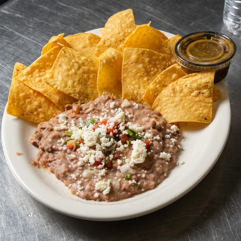 Plate of refried beans topped with cheese and vegetables, served with tortilla chips and salsa on a metal table.