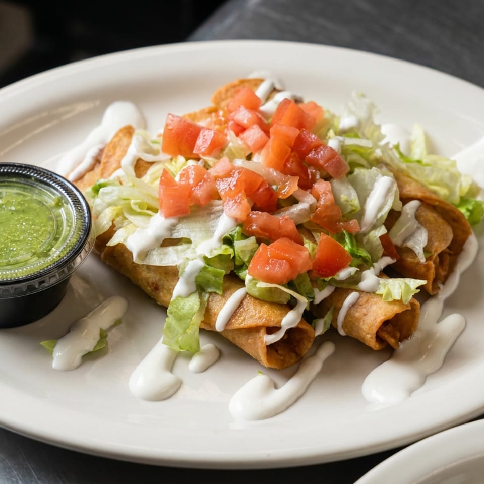 Crispy rolled tacos topped with lettuce, diced tomatoes, avocado, and creamy sauce, served with green salsa on a white plate.