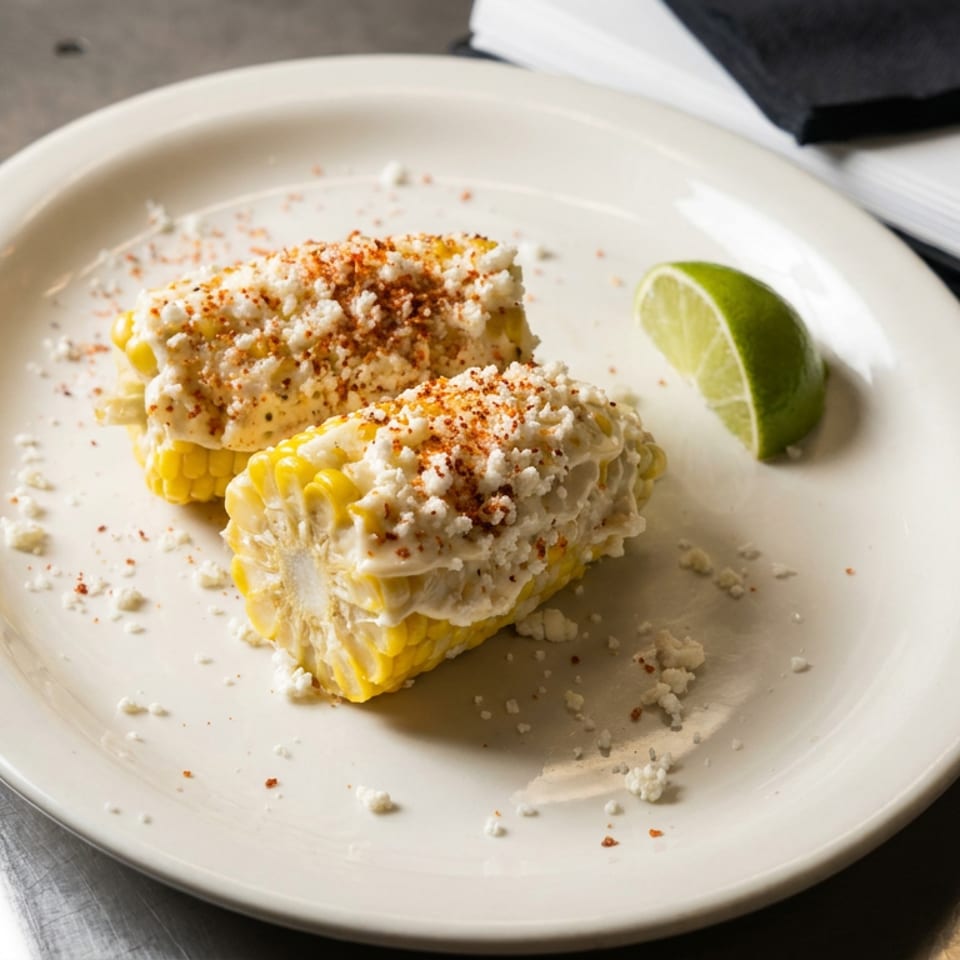 Two ears of Mexican-style street corn topped with creamy sauce, crumbled cheese, chili seasoning, and a lime wedge on a plate.