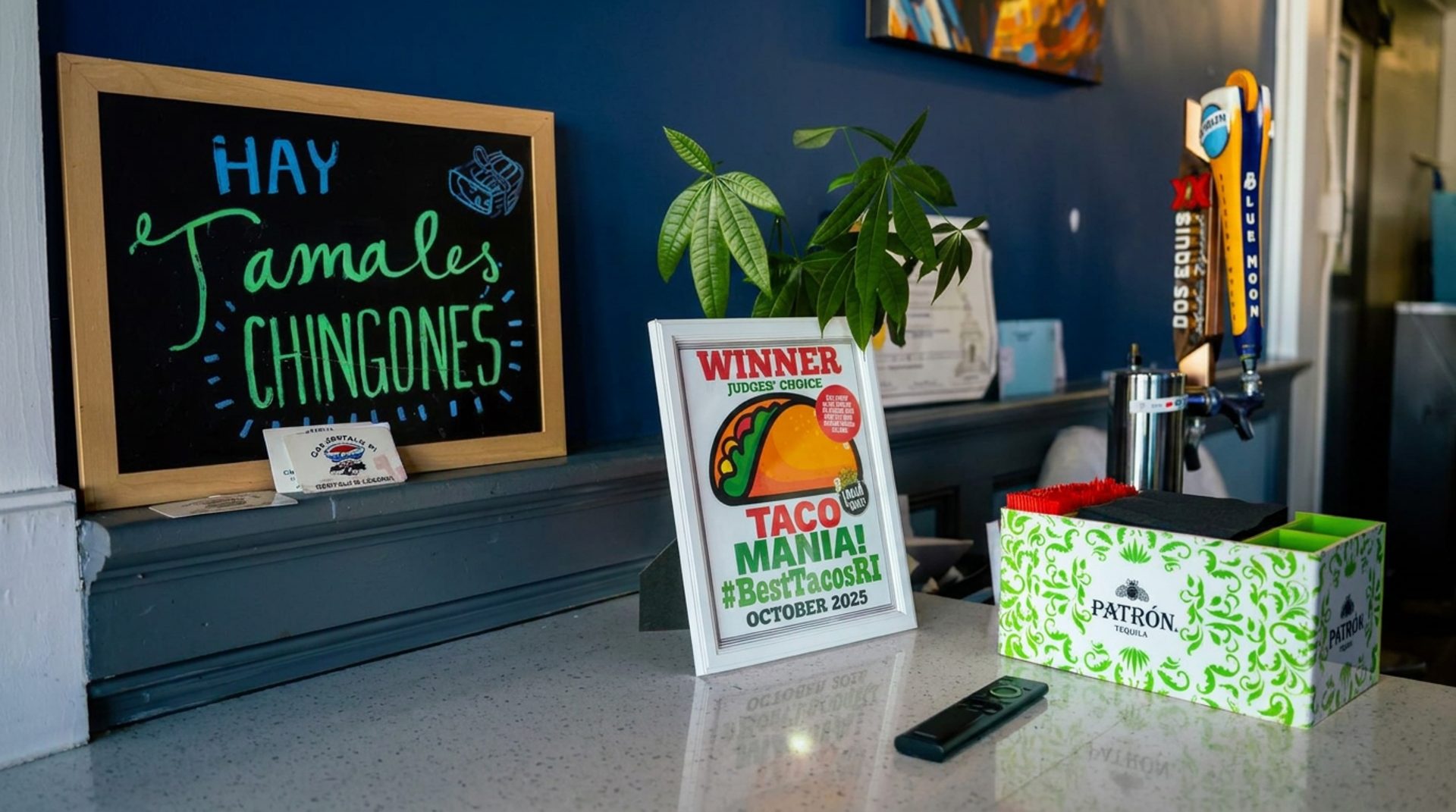Award-winning tacos, Patrón on the shelf
